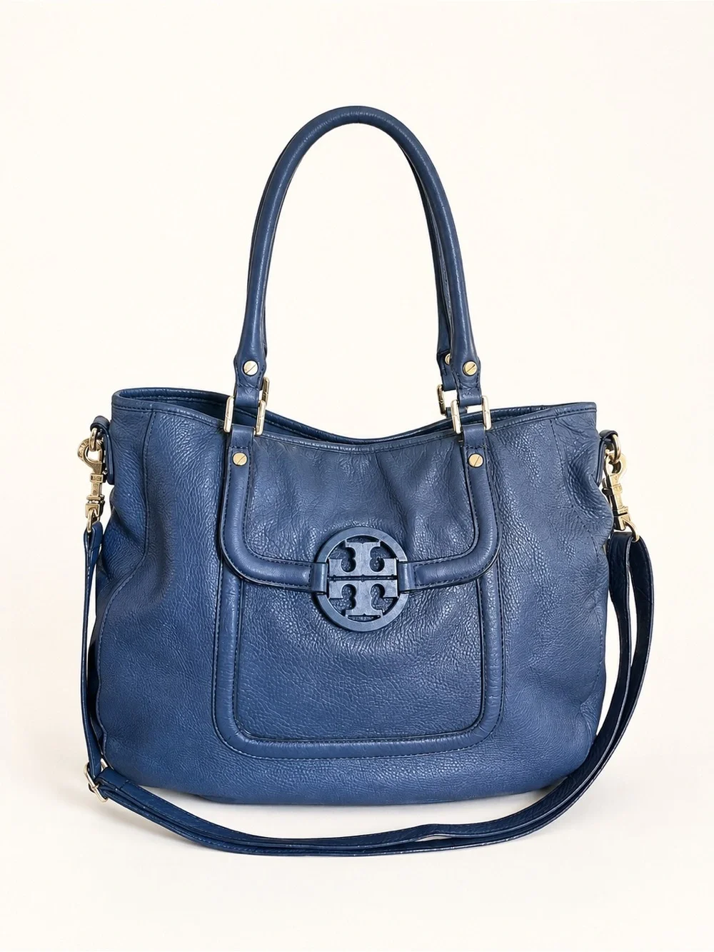 Tory Burch Amanda Classic Handle Blue Leather Hobo Crossbody Bag